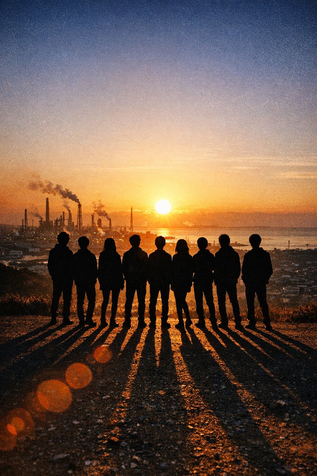 朝日が昇る周南。逆光の中に立つ9人の若者と、手前に伸びる九つの長い影